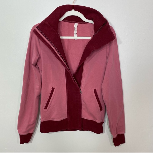 *RARE* LULULEMON Red/Pink Full-Zip Collared Sweatshirt w/ Elbow Patches - Size 6 - Picture 1 of 12